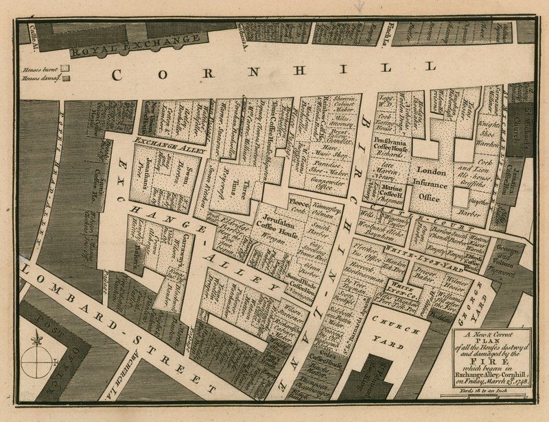Een plan van huizen vernietigd in de brand die begon in Exchange Alley, Cornhill, Londen, op 25 maart 1748 door English School