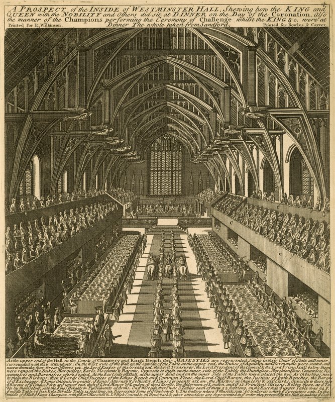 Een uitzicht op de binnenkant van Westminster Hall, waar de Koning en Koningin, met de adel en anderen, aan het diner zaten op de dag van de kroning door English School