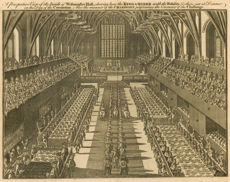 Een uitzicht op de binnenkant van Westminster Hall, waar de Koning en Koningin, met de adel en anderen, aan het diner zaten op de dag van de kroning door English School