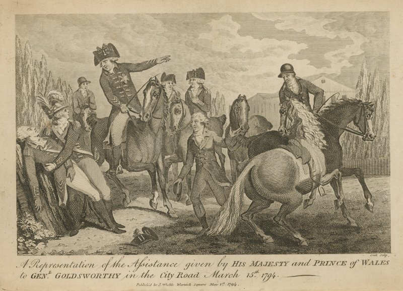 Een voorstelling van de hulp die Zijne Majesteit en de Prins van Wales verleenden aan generaal Goldsworthy in de City Road door English School