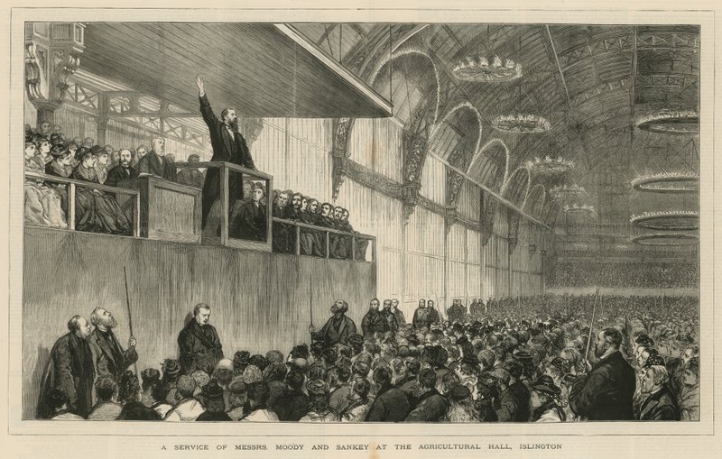 Een dienst van de heren Moody en Sankey in de Agricultural Hall, Islington door English School