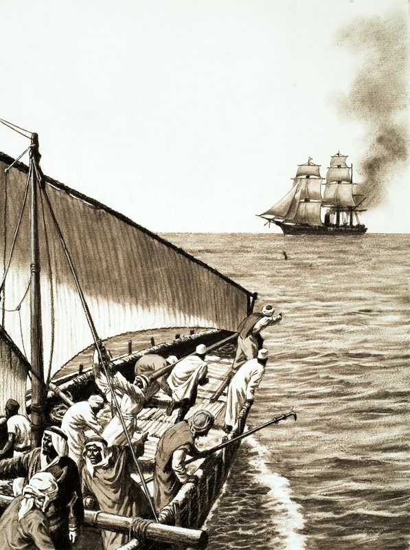 Een stoomschip aan de horizon, een Arabische dhow op de voorgrond door English School