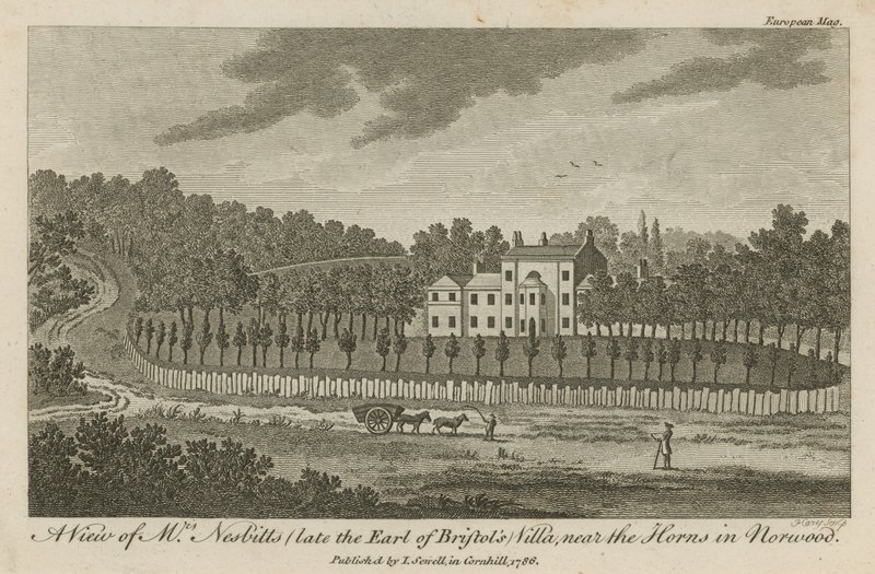 Een uitzicht op de villa van meneer Nesbitt (voorheen de graaf van Bristol), nabij de Horns in Norwood door English School
