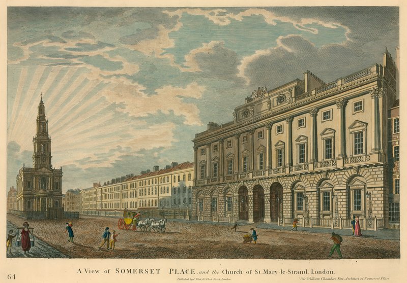 Een uitzicht op Somerset House en St Mary-le-Strand, The Strand, Londen door English School