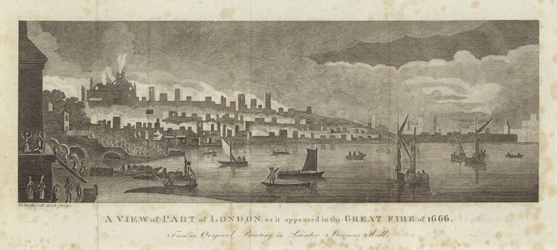 Een deel van Londen tijdens de Grote Brand van 1666 door English School