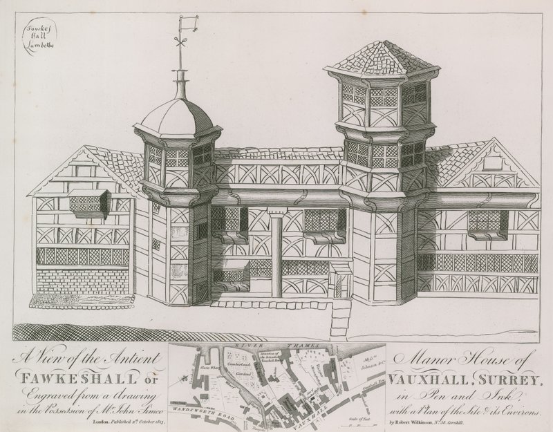 Een uitzicht op het oude landhuis van Fawkeshall of Vauxhall door English School