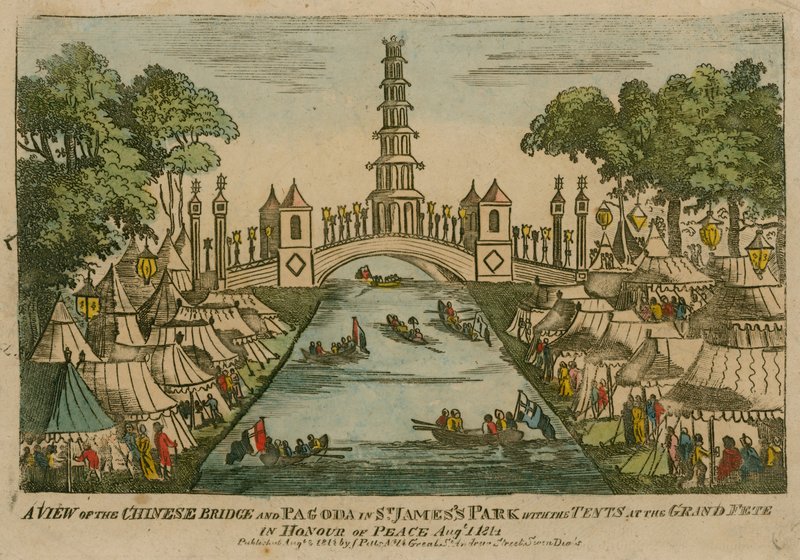Een uitzicht op de Chinese Brug en Pagode in St Jamess Park met de tenten op het Grote Feest ter Ere van de Vrede, 1 augustus 1814 door English School