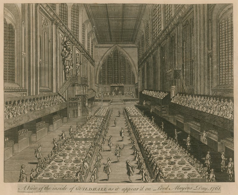 Een uitzicht op de Guildhall, Londen, zoals het verscheen op Lord Mayors Day, 1761 door English School