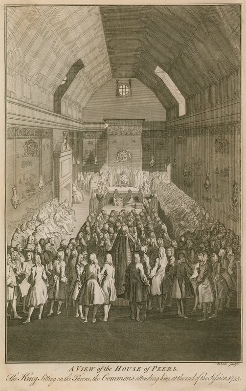 Een uitzicht op het House of Peers, de koning zittend op de troon door English School
