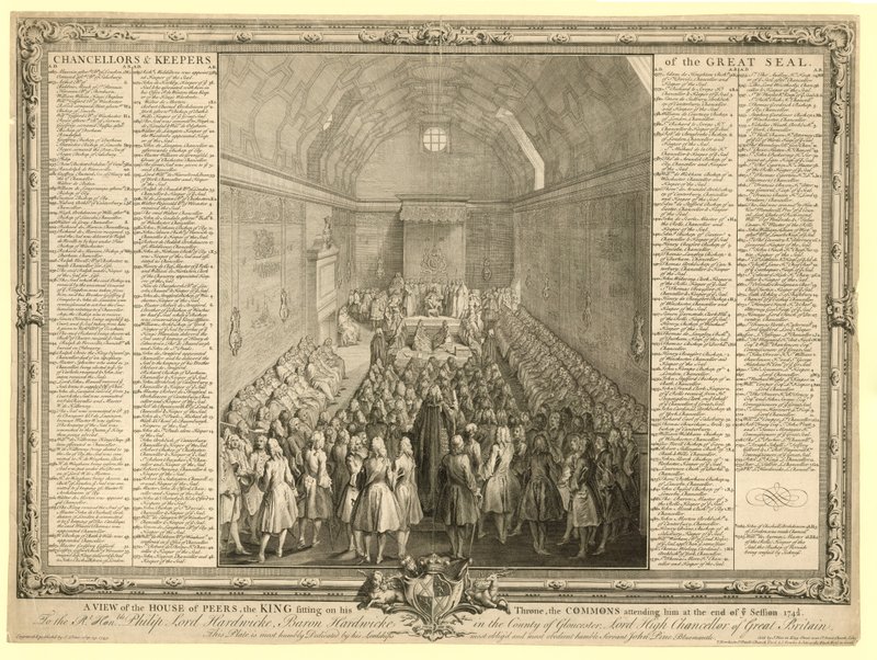 Een uitzicht op het Hogerhuis, de koning zittend op zijn troon, de Commons die hem bijwonen aan het einde van de zitting 1741 door English School