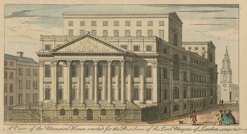 Een uitzicht op het Mansion House, gebouwd voor de residentie van de Lord Mayors van Londen door English School