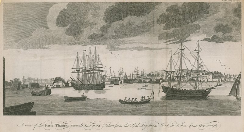 Een uitzicht op de rivier de Theems richting Londen, genomen vanaf het hoofd van Lord Ligonier in Fishers Lane, Greenwich door English School