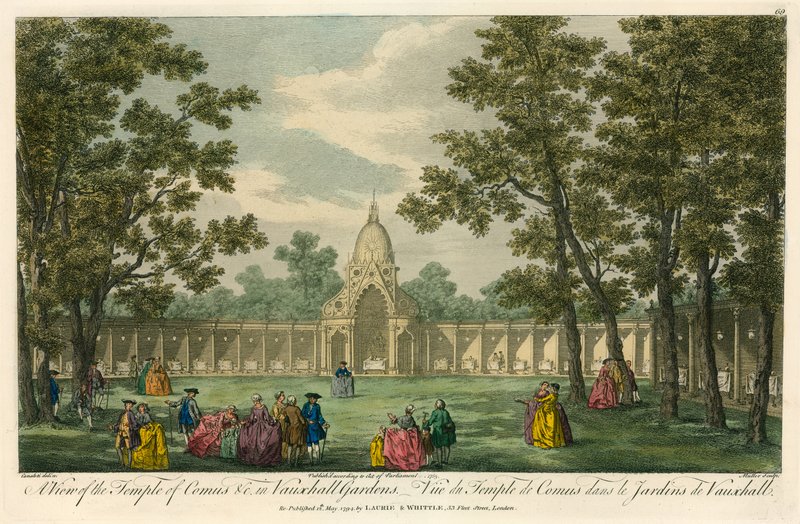 Een uitzicht op de Tempel van Comus in Vauxhall-tuinen, Londen door English School