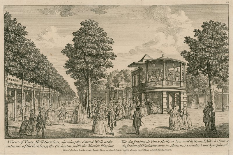 Een uitzicht op de Vauxhall Gardens, Londen, met de Grote Wandelgang bij de ingang van de tuin en het Orkest met de muziek spelend door English School