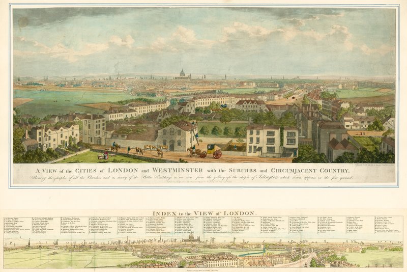 Een uitzicht op de steden Londen en Westminster met de buitenwijken en omliggende land door English School