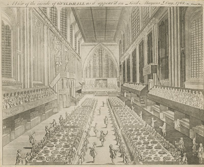 Een blik op de binnenkant van Guildhall zoals het verscheen op de dag van de burgemeester, 1761 door English School