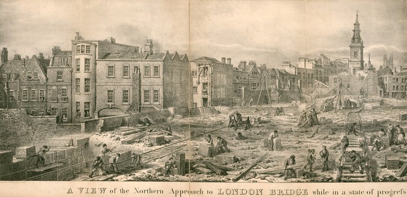 Een uitzicht op de noordelijke toegang tot London Bridge tijdens de bouw door English School