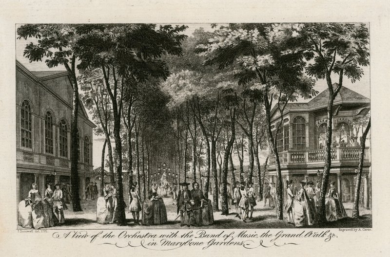 Een uitzicht op het orkest met de band, de Grand Walk enz. in Marylebone Gardens door English School