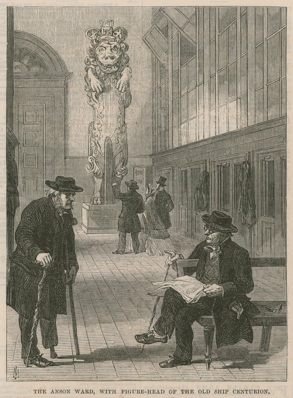 Een bezoek aan Greenwich Hospital; De Anson Ward, met boegbeeld van het oude schip Centurion door English School