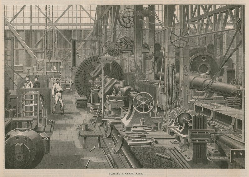 Een bezoek aan Penns Marine Engine Fabriek in Greenwich, Londen; Draaien van een krukas door English School
