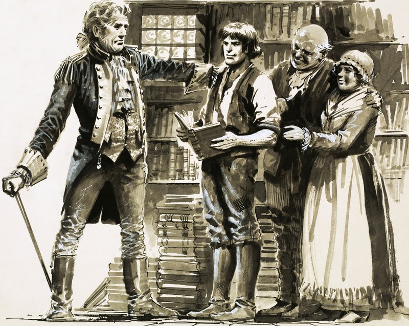 Een rijke buurman ziet Samuel Johnson werken in een boekwinkel door English School