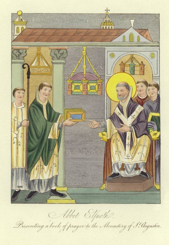 Abt Elfnoth presenteert een gebedenboek aan het klooster van St. Augustinus door English School
