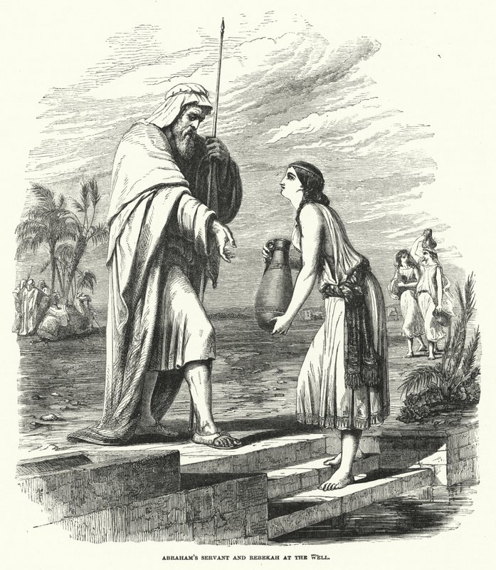 Abrahams dienaar en Rebekka bij de bron (gravure) door English School