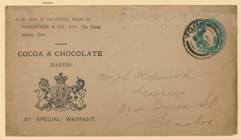 Adreslabel van Rowntree & Co, The Cocoa Works, York door English School