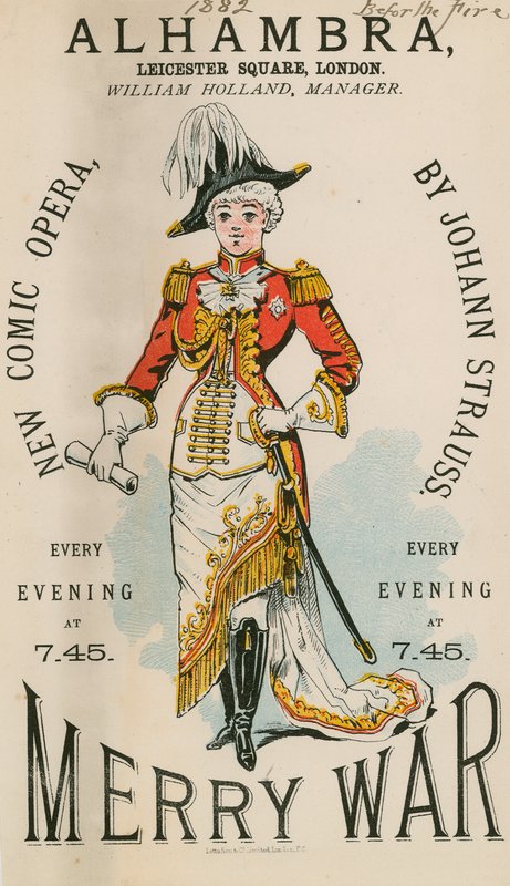 Advertentie voor The Alhambra, Leicester Square, Londen, voor Merry War, een nieuwe komische opera van Johann Strauss door English School