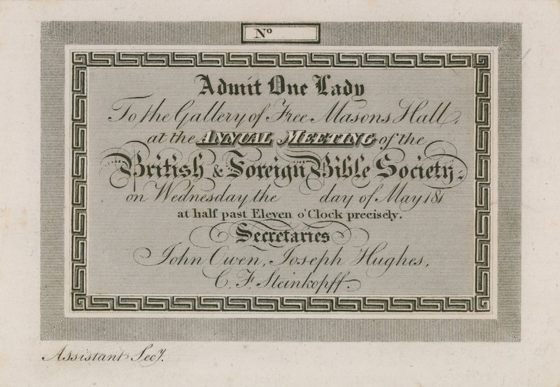Toegangsbewijs voor de Jaarlijkse Buitenlandse Bijbelgenootschap in Freemasons Hall door English School