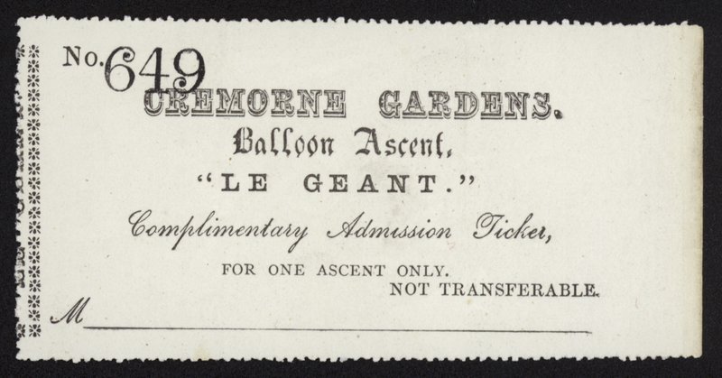 Toegangsbewijs voor de ballonvaart van Le Geant vanuit Cremorne Gardens, Londen door English School