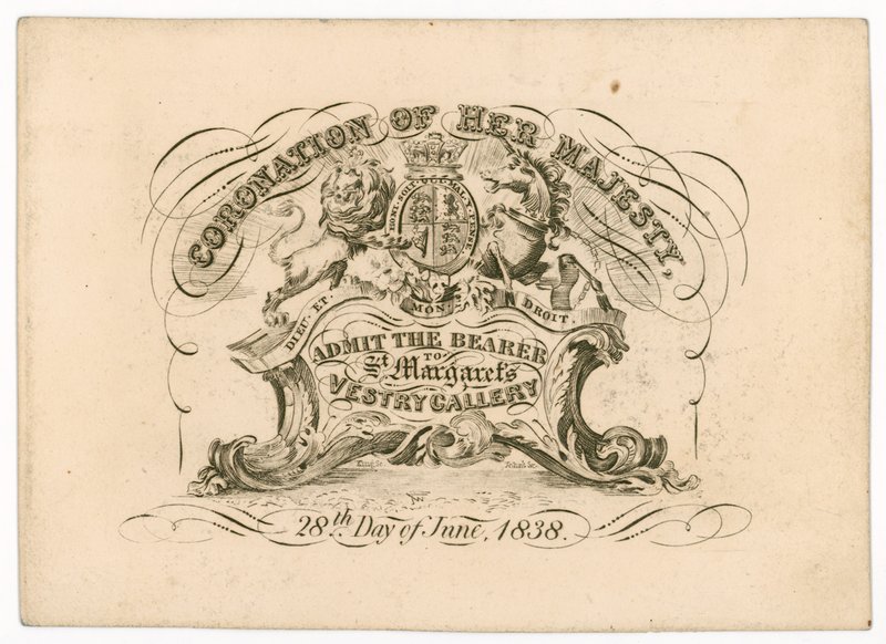 Toegangskaart tot St Margarets Vestry Gallery, voor de kroning van koningin Victoria, 28 juni 1838, voorzijde door English School