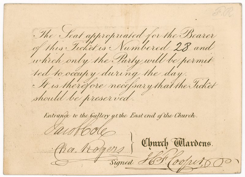 Toegangskaart tot St Margarets Vestry Gallery, voor de kroning van koningin Victoria, 28 juni 1838, achterzijde door English School
