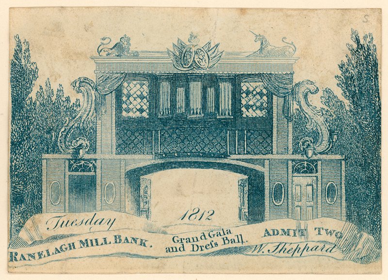 Toegangskaartje voor een groot gala en bal in Ranelagh Gardens, Millbank, Londen. 1812 door English School
