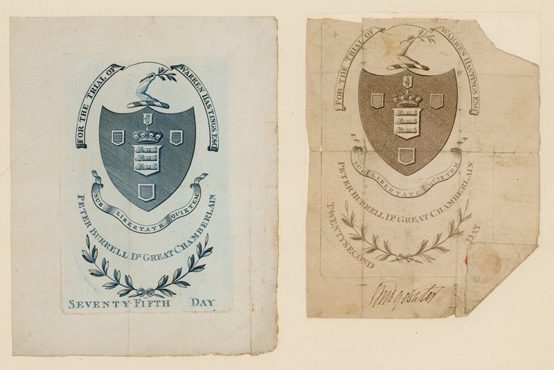 Toegangskaarten voor de rechtszaak van Warren Hastings door English School