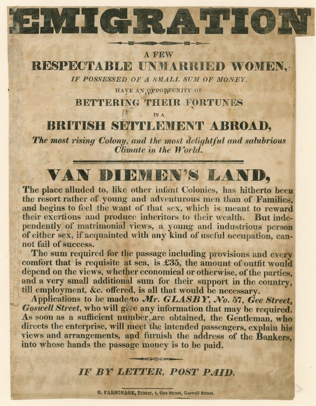 Advertentie betreffende de emigratie van jonge vrouwen naar Van Diemens Land door English School