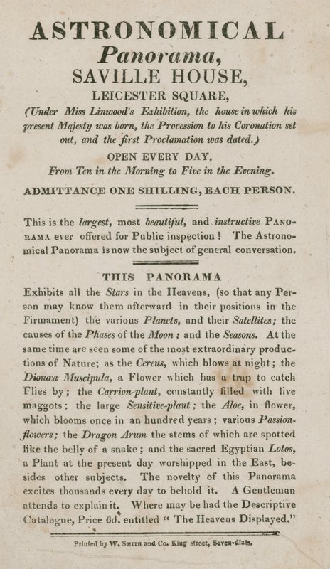 Advertentie voor Astronomisch Panorama, Saville House, Leicester Square, Londen door English School