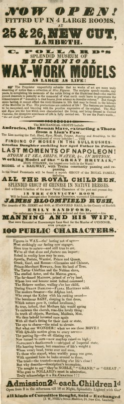 Advertentie voor C Pollards prachtige Museum van Mechanische Wasmodellen, 25-26 New Cut, Lambeth, Londen door English School