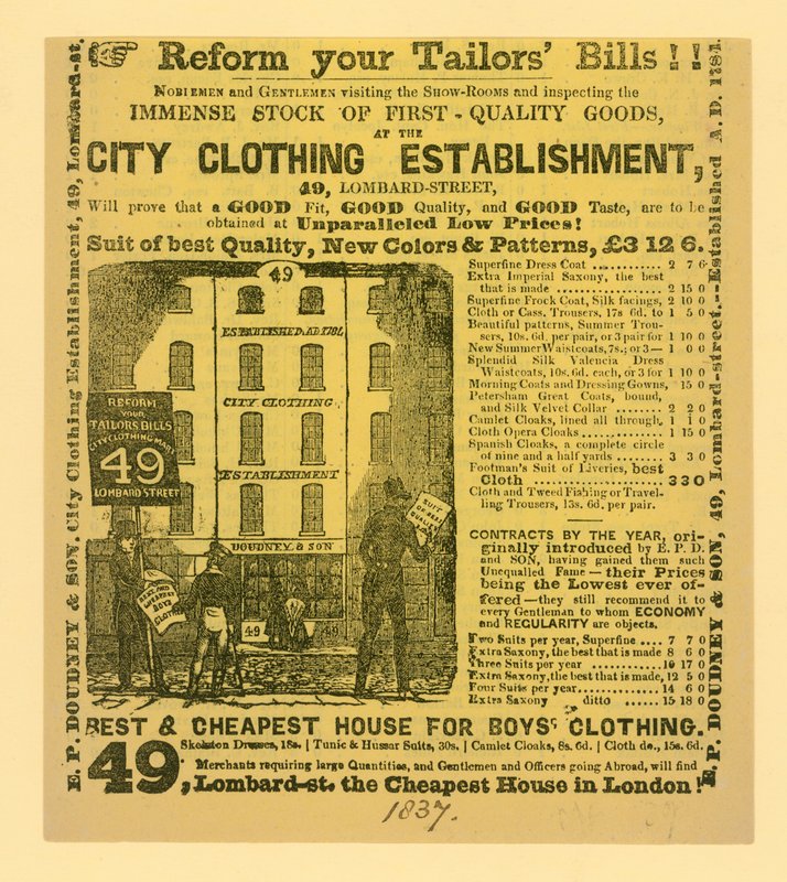 Advertentie voor Doudney & Son, City Clothing Establishment, 49 Lombard Street, Londen door English School