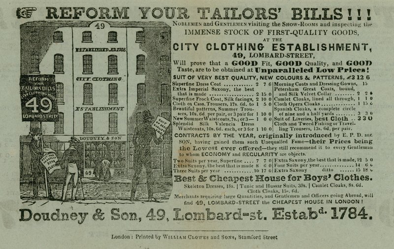 Advertentie voor Doudney & Son, City Clothing Establishment, 49 Lombard Street, Londen door English School