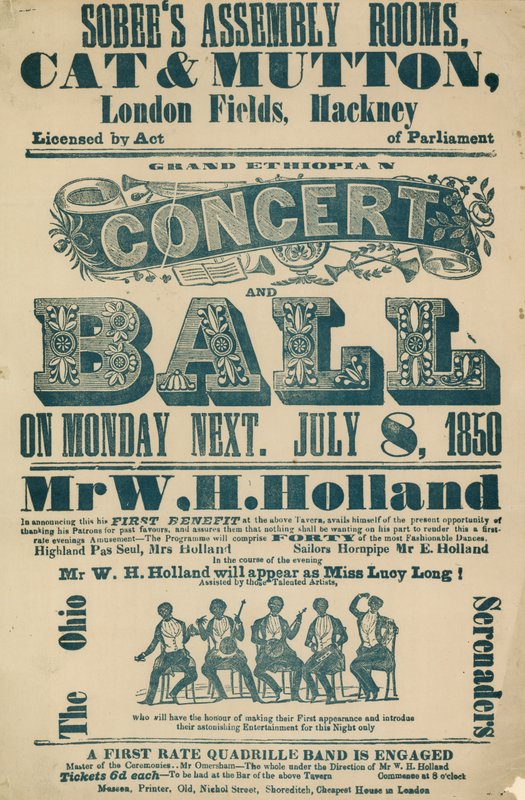 Advertentie voor Grand Ethiopian Concert and Ball, 8 juli 1850, in Sobees Assembly Rooms door English School