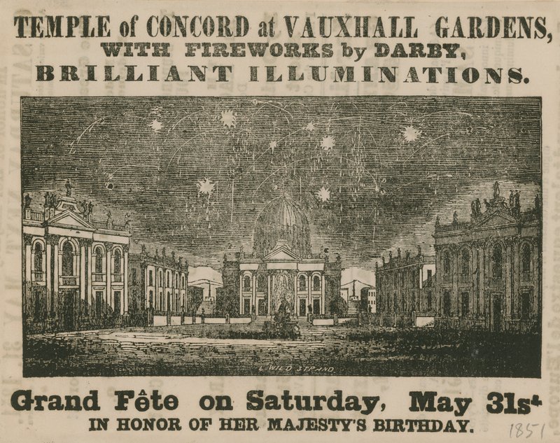 Advertentie voor Grand Fete in de Tempel van Concord, Vauxhall Gardens door English School