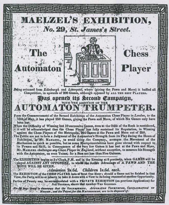 Advertentie voor Maelzels Tentoonstelling, 29 St Jamess Street door English School
