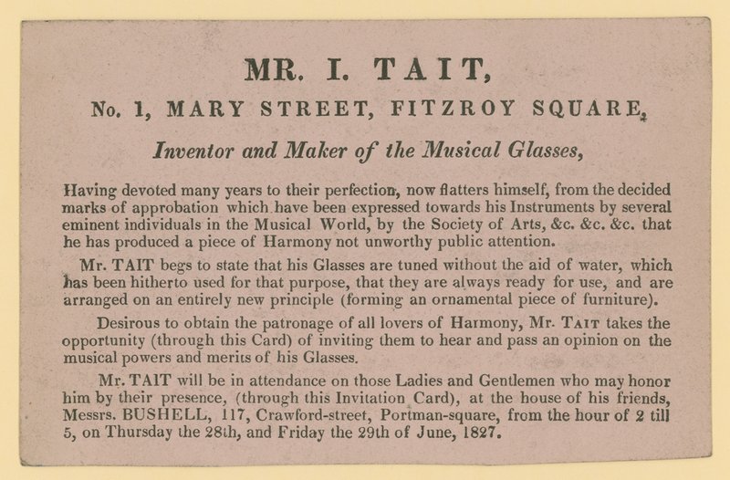 Advertentie voor Mr I Tait, uitvinder en maker van de muzikale glazen door English School