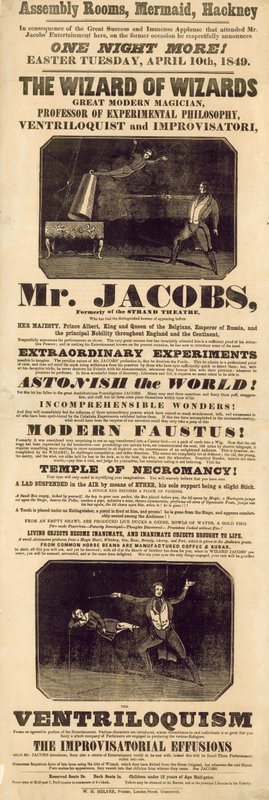 Advertentie voor Mr Jacobs, goochelaar en buikspreker door English School