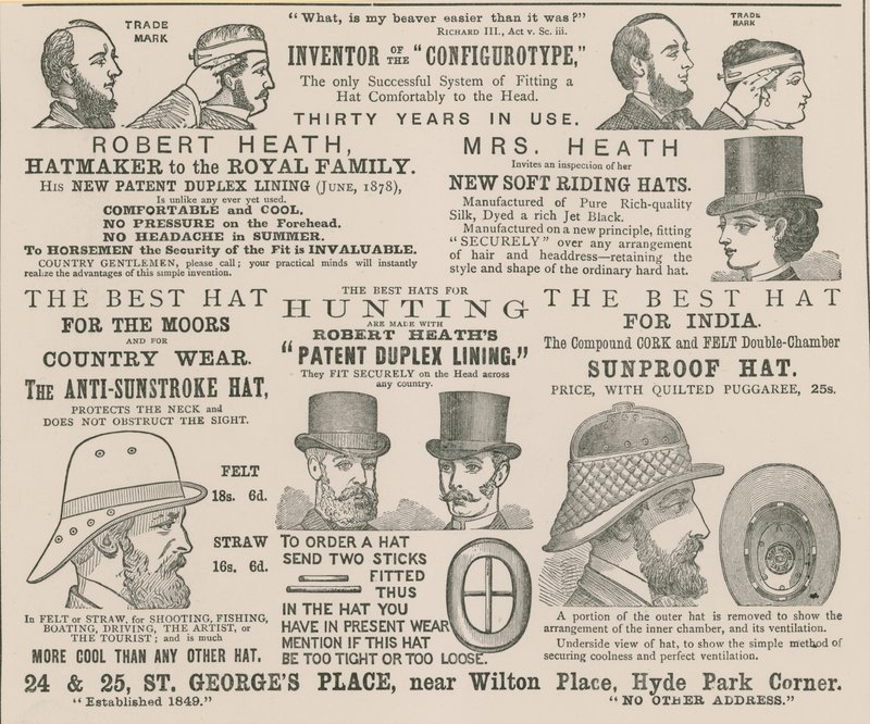 Advertentie voor Robert Heath, hoedenmaker van de Koninklijke Familie door English School