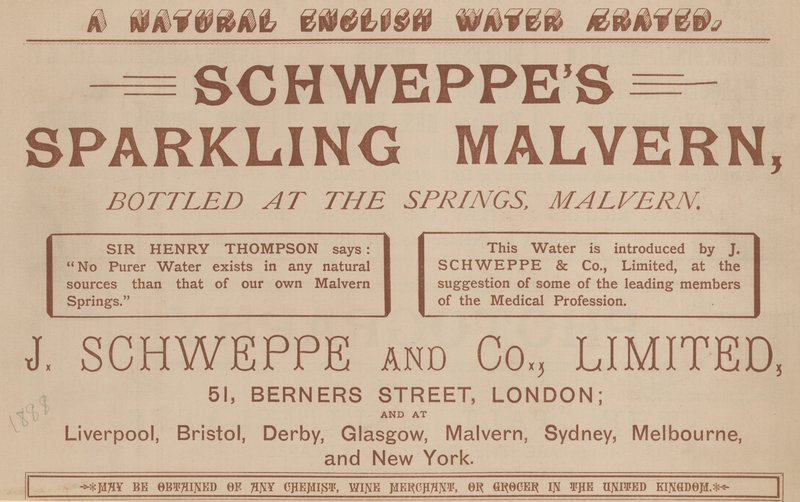 Advertentie voor Schweppes Sparkling Malvern, gebotteld bij de bronnen, Malvern door English School