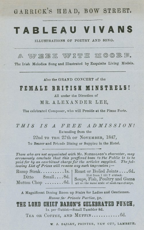 Advertentie voor Tableau Vivans, illustraties van poëzie en lied, Garricks Head, Bow Street, Londen door English School