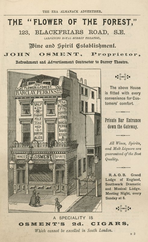 Advertentie voor The Flower of the Forest, 123 Blackfriars Road, Londen door English School