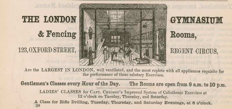 Advertentie voor The London Gymnasium & Fencing Rooms, 123 Oxford Street, Regent Circus door English School